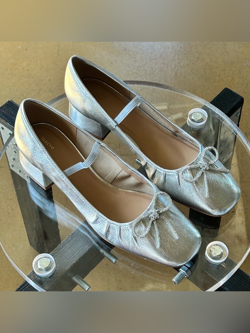 Maeve Anthropologie Metallic Silver Leather Ballet Heels sz EU 40/US 9-9.5, NWOB